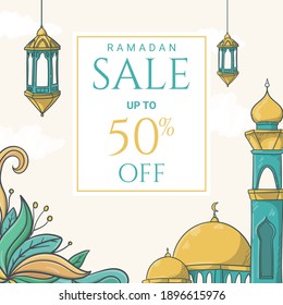 Hand drawn Ramadan Kareem Sale Banner with Islamic ornament illustration