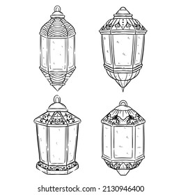 Hand drawn of Ramadan Lantern collection with vintage ornament on white background