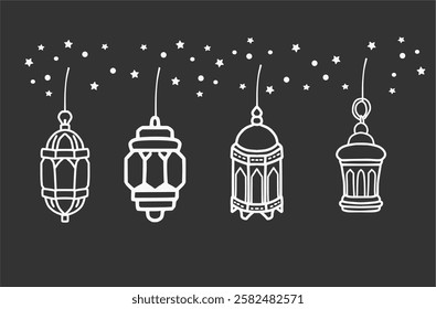 Hand Drawn Ramadan Lantern Vector Illustration. Elegant Islamic Line Art for Ramadan Kareem, Eid Mubarak, and Islamic Festive Designs. Minimalist Sketch Style for Greeting Cards, Posters, Social Media