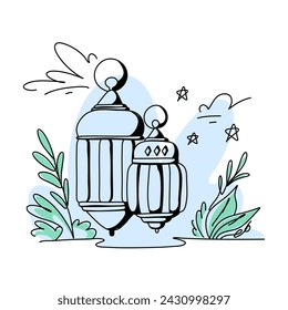 Hand drawn Ramadan Lanterns Doodle Art, Minimalist Home Decor Poster