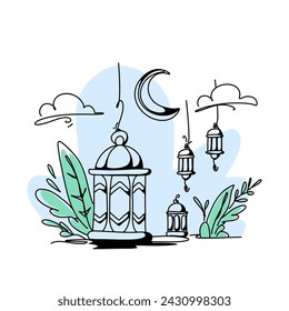Hand drawn Ramadan Lanterns Doodle Art, Minimalist Home Decor Poster