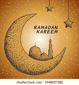 Hand drawn ramadan moon and mosque vector illustration