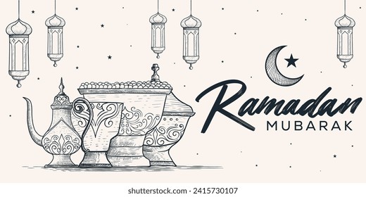 hand drawn ramadan mubarak horizontal banner with Arabic ornament