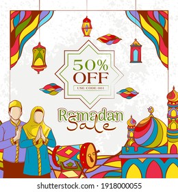 Hand drawn Ramadan Sale Banner with Podium and Colorful Islamic Illustration on Grunge Texture Background