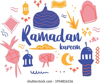 Hand Drawn Ramadhan Kareem Theme Doodle Elements Illustration set