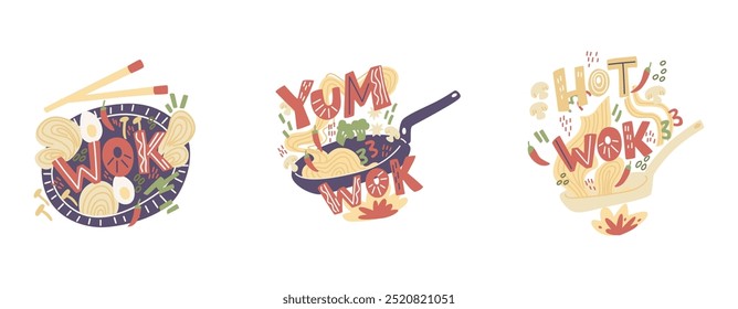 Hand drawn ramen noodle in bowl and soup. Vector lettering illustration.