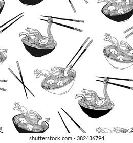 Hand drawn ramen noodle waves in bowl seamless pattern in vector.