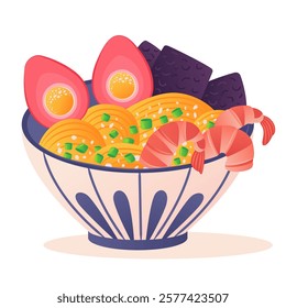 Hand drawn ramen noodles in painted ceramic bowl with pink pickled chicken egg. Japanese noodle soup with shrimp, nori, green onion and sesame. Traditional Asian food. Colored vector flat illustration