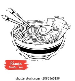 Hand drawn ramen soup in a bowl with chopsticks. Japanese noodle, vector sketch. Asian traditional food.