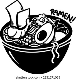 Silhouette vector de ramen dibujado a mano, estilo de doodle de comida asiática. Plato gráfico japonés