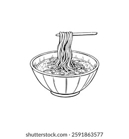 Hand drawn ramen vintage illustration. Engraving style black and white on white backgrounds. Vector