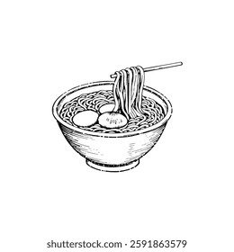 Hand drawn ramen vintage illustration. Engraving style black and white on white backgrounds. Vector