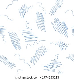 Hand drawn random blue pen doodles on white background Vector seamless pattern. Black striped pattern. Can be used for banners or cards templates, wallpaper, background, fabric textile prints or else.