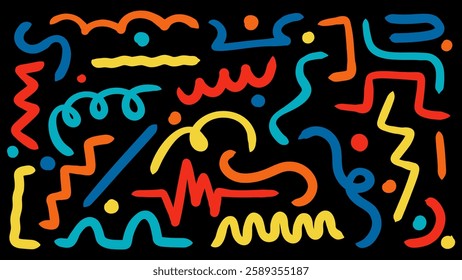 Hand drawn of Random colorful scribble on black background. Vector illustration