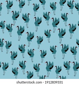 Hand drawn random crane bird shapes seamless pattern. Light blue background. Simple japanese zoo print. Designed for fabric design, textile print, wrapping, cover. Vector illustration.