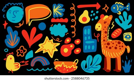 Hand drawn of random illustration. Flower, giraffe, fish, chicken, and more random shapes vector illustration