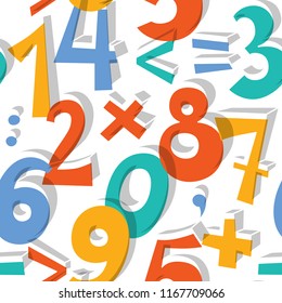 Hand drawn random numbers seamless pattern. Colorful math signs with grey multiply shadows on white. Algebra background. EPS 10