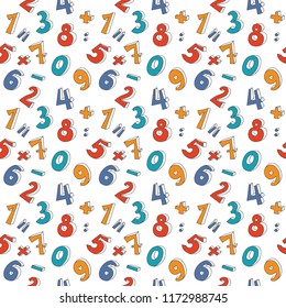 Hand drawn random numbers seamless pattern. Colorful on white. Doodle three-dimensional contour math signs. School childish style. Algebra background. EPS 10