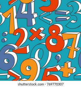 Hand drawn random numbers seamless pattern. Colorful on turquoise. Doodle three-dimensional contour math signs. School childish style. Algebra background.  EPS 10