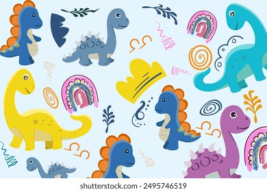 Hand drawn Random pattern with dinosaurs and abstract shapes. Colorful Cute Dino cartoon design. Perfect for kids fabric, textile, nursery wallpaper, clothes print template.