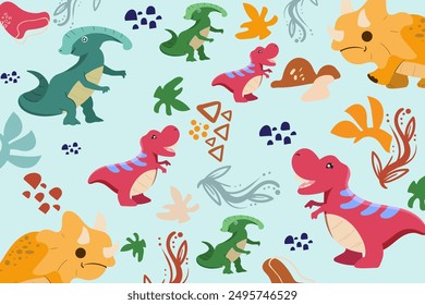 Hand drawn Random pattern with dinosaurs and abstract shapes. Colorful Cute Dino cartoon design. Perfect for kids fabric, textile, nursery wallpaper, clothes print template.