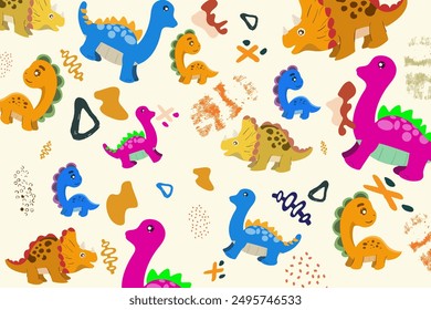 Hand drawn Random pattern with dinosaurs and abstract shapes. Colorful Cute Dino cartoon design. Perfect for kids fabric, textile, nursery wallpaper, clothes print template.