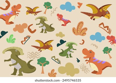 Hand drawn Random pattern with dinosaurs and abstract shapes. Colorful Cute Dino cartoon design. Perfect for kids fabric, textile, nursery wallpaper, clothes print template.