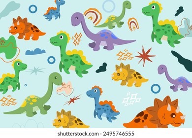 Hand drawn Random pattern with dinosaurs and abstract shapes. Colorful Cute Dino cartoon design. Perfect for kids fabric, textile, nursery wallpaper, clothes print template.