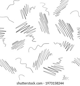 Hand drawn random pencil doodles on white background. Vector seamless pattern. Black striped pattern. Can be used for banners or cards templates, wallpaper, background, fabric textile prints or else.