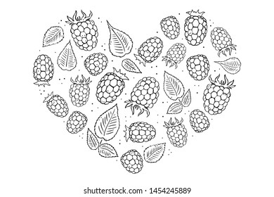 
hand drawn raspberries berries black outline in the shape of a heart