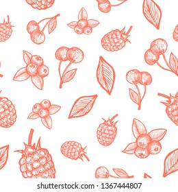 Hand Drawn Raspberry, Cherry and Blueberry Harvest Vector Seamless Background Pattern. Berries and Leaves Sketches Card or Cover Template.