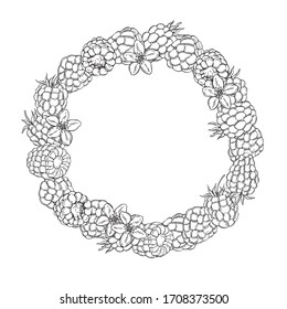 Hand drawn raspberry  in a circle on white background.  Vector sketch illustration 
