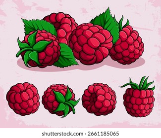 Handgezeichnete Himbeere Kollektion - Frische Beeren mit Blättern auf rosafarbenem Hintergrund