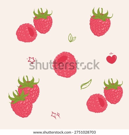 Hand Drawn Raspberry Fruit Pattern with Hearts