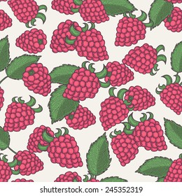 Hand drawn raspberry seamless pattern. Pastel background