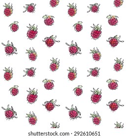 Hand drawn raspberry seamless pattern. Red ripe berries background.