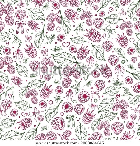 Hand Drawn Raspberry Seamless Vector Pattern with Leaves and Bows Vintage Sketch