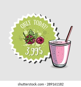 Hand drawn raspberry smoothie and sticker with price. Vector illustration