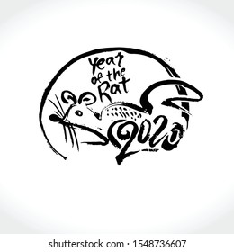 Hand drawn Rat 2020. Handwriting template with the inscription 2020 and Rat. Imitation of painting with brush. New Year on the Chinese calendar.
