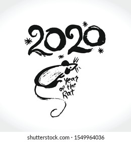 Hand drawn Rat 2020. Handwritten round template dry brush painted rat 2020. Year of the rat in the Chinese calendar. Imitation of painting with brush. Chinese New Year.
