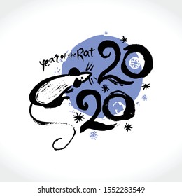 Hand drawn Rat 2020. Handwritten template dry brush painted rat 2020. Year of the rat in the Chinese calendar. Imitation of painting with brush. Chinese New Year.
