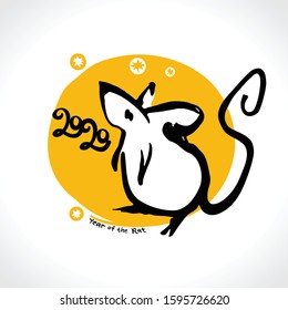 Hand drawn Rat 2020 on the background of yellow round stamp. Year of the rat New Year on the Chinese calendar.