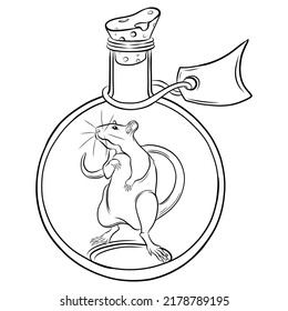 Hand drawn rat in alchemycal glass bottle. Mystical magic creepy vector illustration on white background. Alchemy, occultusm. spirituality. Esoteric signs symbols. Tatoo. Animal spirit art