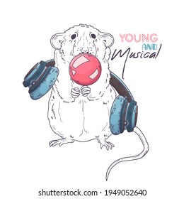 Hand drawn rat inflates a bubble gum Vector. Isolated objects for your design. Each object can be changed and moved.