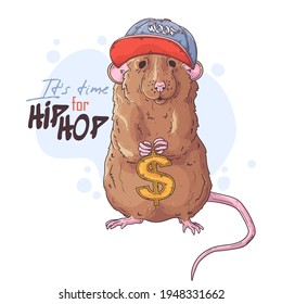 Hand drawn rat rapper with accessories Vector. Isolated objects for your design. Each object can be changed and moved.