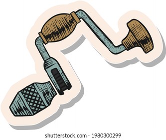 Hand drawn ratchet drill icon woodworking tool in sticker style vector illustration