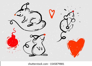 Hand drawn rats in Christmas hats. Doodle vector illustration for greeting card, posters, stickers. Vector animals in trendy line style. Christmas design element.