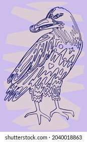 hand drawn raven bird in blue violet color vector illustration