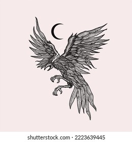 hand drawn raven flying and moon vector illustration, Flying crow bird