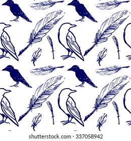 Hand Drawn Raven. Vector seamless pattern with crow and feathers.